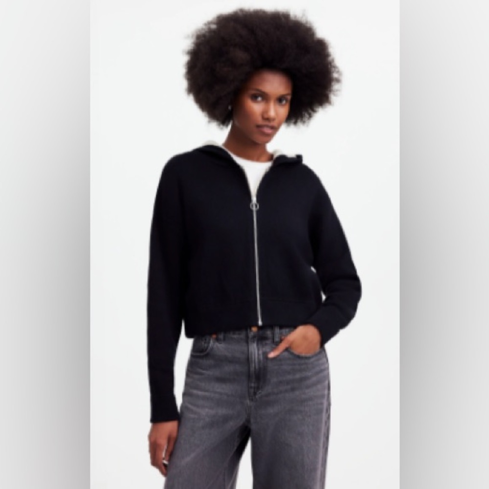Madewell Women's Black Double Face Cotton Blend Sweater Hoodie, Size XS